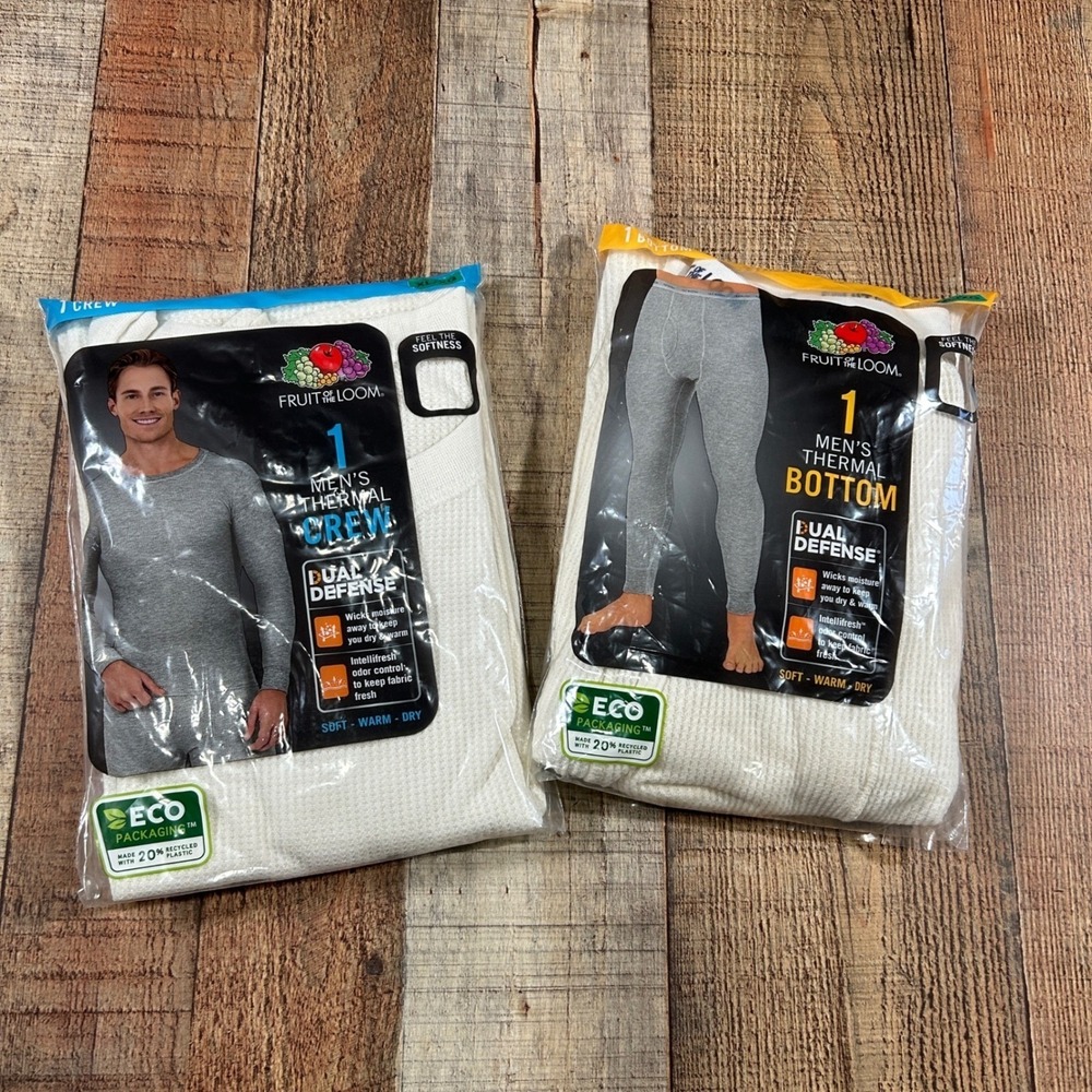 Fruit of the Loom Mens Thermal Set Crew Top and Bottom Natural XL Waffle Knit